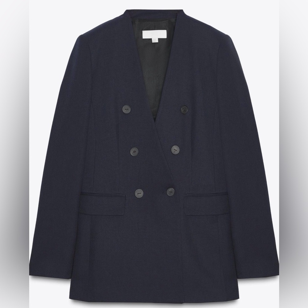 Zara Lapelless Navy Double-Breasted Suit size XL